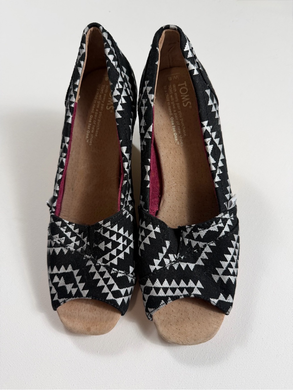 TOMS Reina Black Silver Geometric Cork Wedge Peep Toe Heels Size 8 Wide